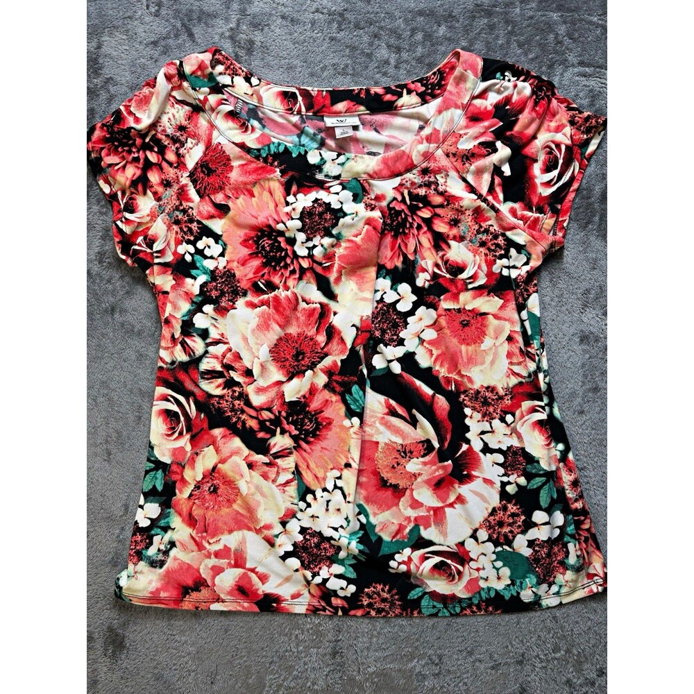 Worthington Women’s L Floral Knit Scoop Neck Cap Sleeve Stretch Pullover Top